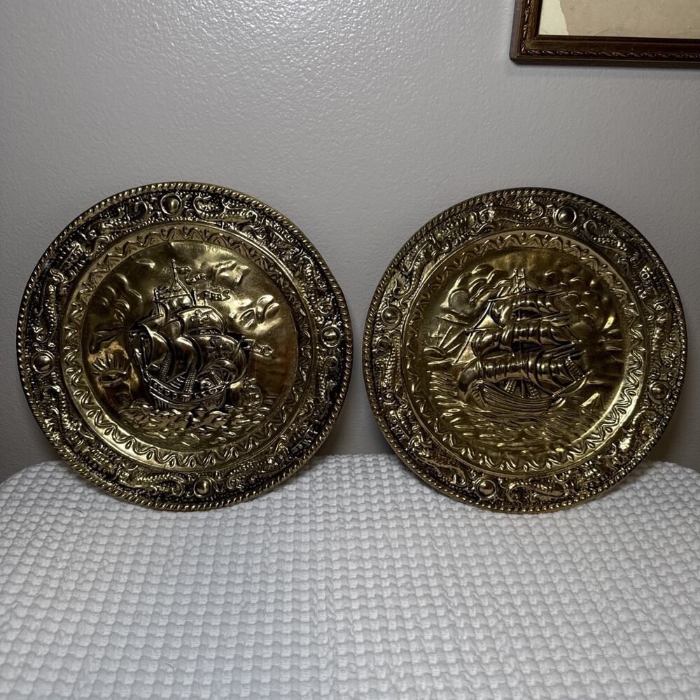 Pair VTG Nautical Ship Solid Brass Embossed Wall Plates Mid-Century Coastal Deco
